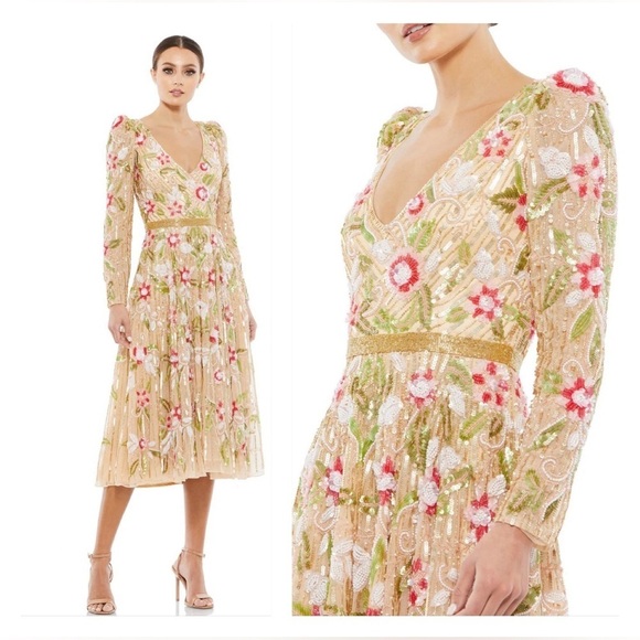 Mac Duggal 5415 NWT Floral Embellished Wrap Over Puff Sleeve A Line Gown - Picture 1 of 14